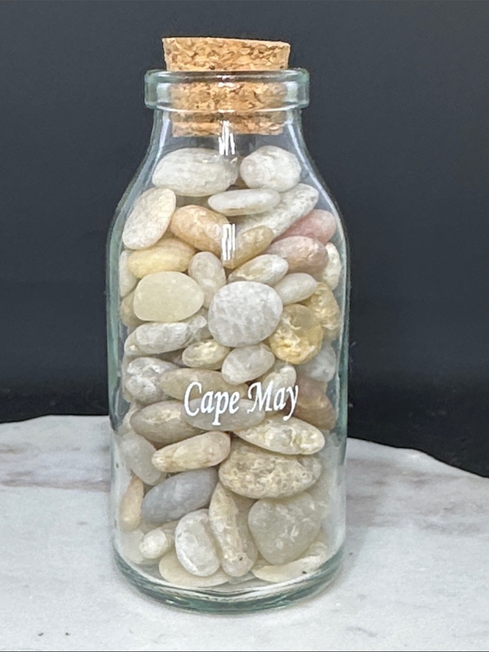 Cape May Decorative Glass Bottle with Cork — Neutral Pebble Fill